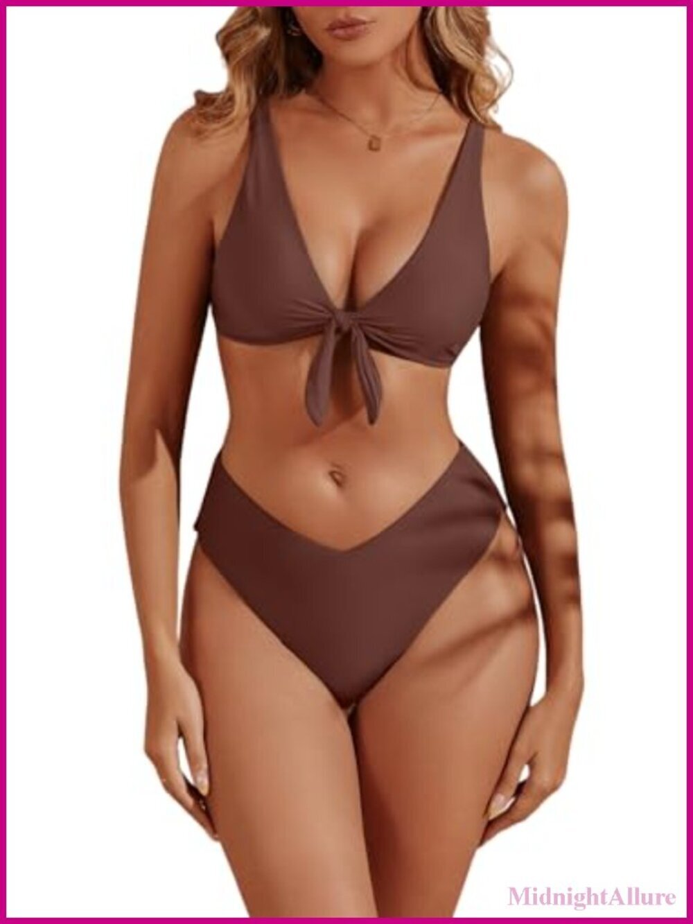 High Waisted Bikini Set V Neck Tie Knot Push Up High Cut Bathing Suit